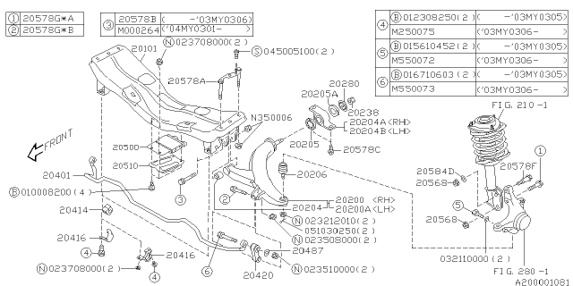 2000 Subaru Legacy Front Suspension Cross Member Complete Diagram for 20100AC220