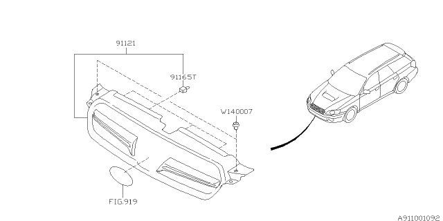 2005 Subaru Legacy Front Grille Assembly OBK Diagram for 91121AG07B