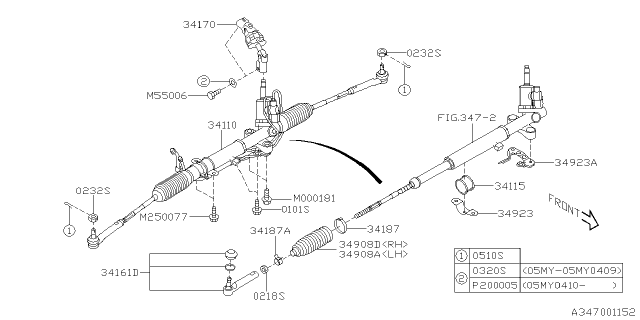 2005 Subaru Outback Power Steering Gear Box Assembly Diagram for 34110AG05A