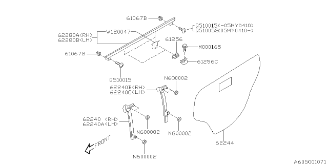 2005 Subaru Legacy WEATHERSTRIP Out Door Rear LH Diagram for 62280AG01A