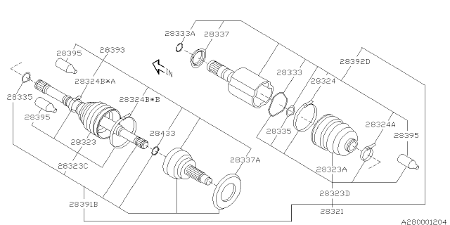 2005 Subaru Legacy Front Axle Shaft Assembly Diagram for 28321AG00A