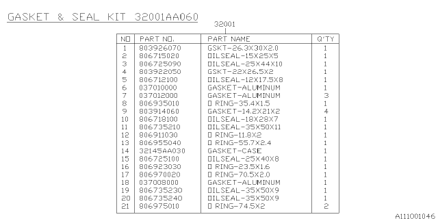 2005 Subaru Legacy Manual Transmission Gasket & Seal Kit Diagram