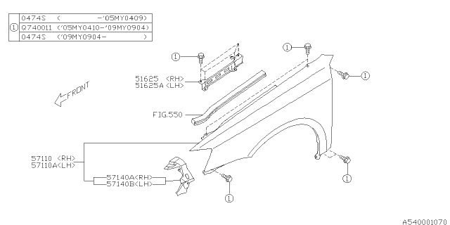 2007 Subaru Legacy Fender Complete Front LH Diagram for 57110AG07B9P