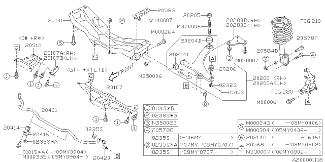 2008 Subaru Legacy Arm Assembly Front RH Diagram for 20202AG02C