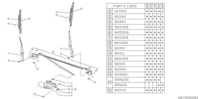 1987 Subaru GL Series Blade Assembly-Windshield Wiper Diagram for 86542GA490