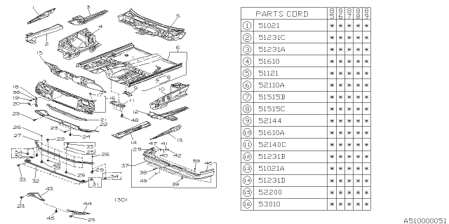 1989 Subaru GL Series Toe Board Complete Diagram for 52210GA311