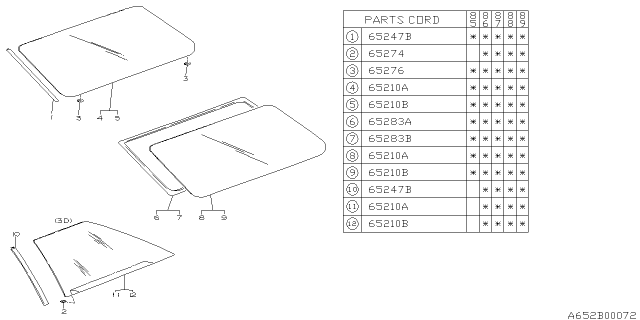 1985 Subaru GL Series GARNISH Front Rear Quarter Window Diagram for 65246GA020