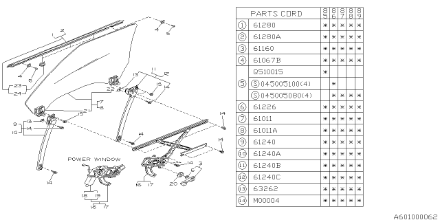 1986 Subaru GL Series Front Door Parts - Glass & Regulator Diagram 1
