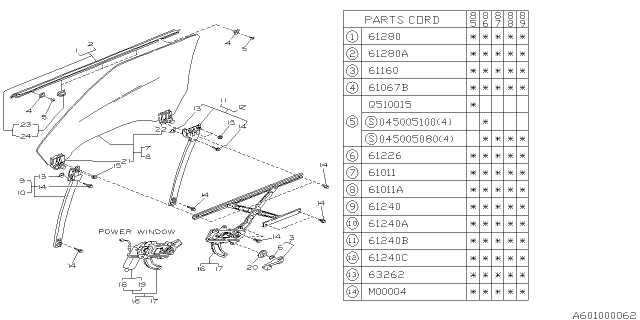 1985 Subaru GL Series Front Door Parts - Glass & Regulator Diagram 1