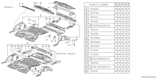 1986 Subaru GL Series Floor Complete Rear Diagram for 52121GA951