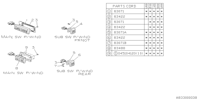 1988 Subaru GL Series Front Power Window Sub Switch Diagram for 83081GA380BE