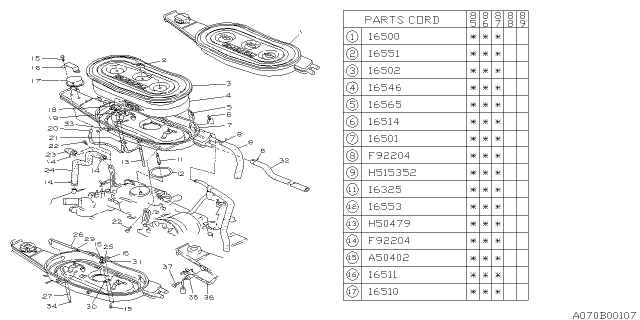 1986 Subaru GL Series Air Cleaner Cover Assembly Diagram for 16501AA060