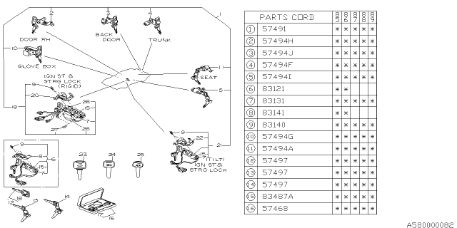 1986 Subaru GL Series Key Case Diagram for 57430GA040