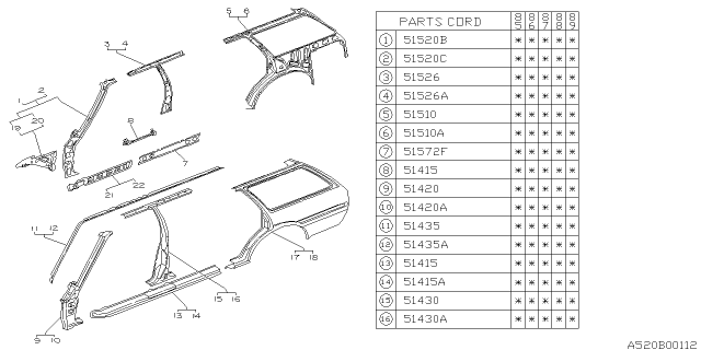 1985 Subaru GL Series Center Pillar Out Complete LH Diagram for 51355GA100