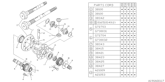 1985 Subaru GL Series Gear Set HYPOID Diagram for 38100AA080