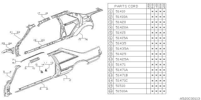 1988 Subaru GL Series Rear Quarter Inner Complete LH Diagram for 51356GA980