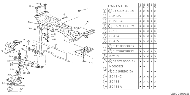 1985 Subaru GL Series Front Suspension Cross Member Complete Diagram for 21211GA150