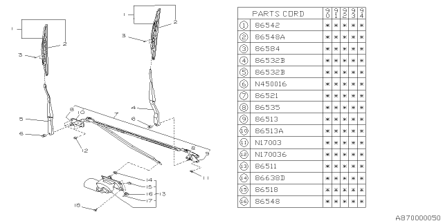 1992 Subaru Loyale Windshield Wiper Assistor Arm Assembly Diagram for 86532GA611