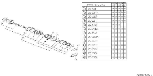 1992 Subaru Loyale Rear Drive Shaft Assembly Diagram for 22021GA071