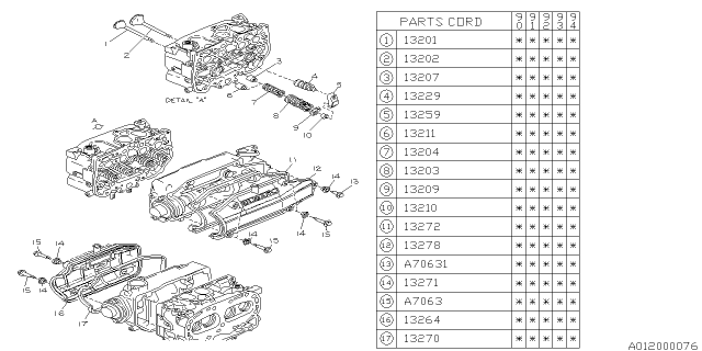 1993 Subaru Loyale Valve Rocker Assembly Diagram for 13257AA000