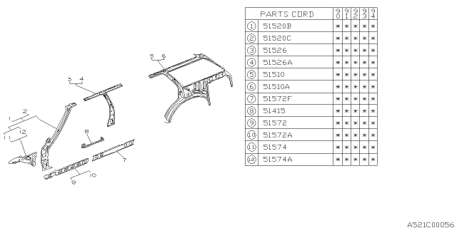 1990 Subaru Loyale Rear Quarter Inner Complete LH Diagram for 51357GA951