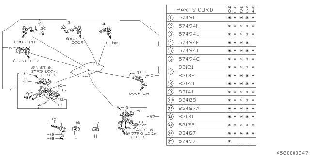 1993 Subaru Loyale Key Kit & Key Lock Diagram 1