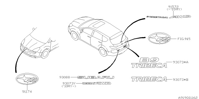 2009 Subaru Tribeca Label Glass Rear AWD Diagram for 91572XA01A