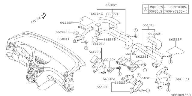 2006 Subaru Tribeca Duct Center Vent Diagram for 66100XA00A