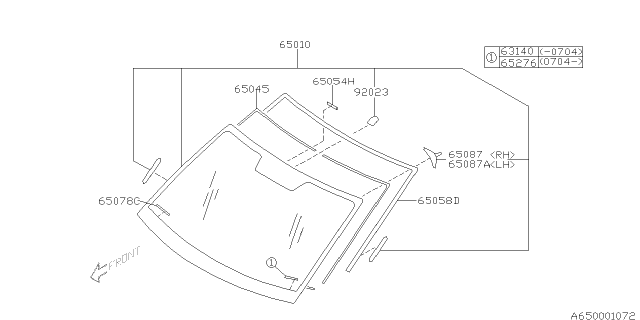 2006 Subaru Tribeca Front Windsheild Glass Assembly Diagram for 65009XA00A