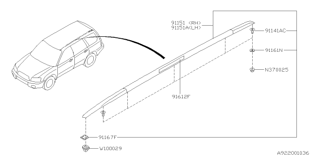 2006 Subaru Forester Roof Rail Assembly RH Diagram for 91151SA020NN