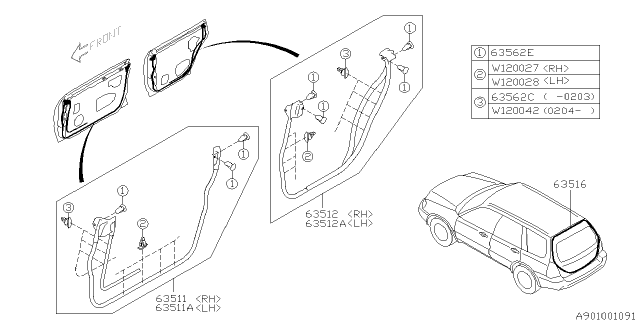 2003 Subaru Forester Weather Strip Rear Gate Diagram for 63516SA000