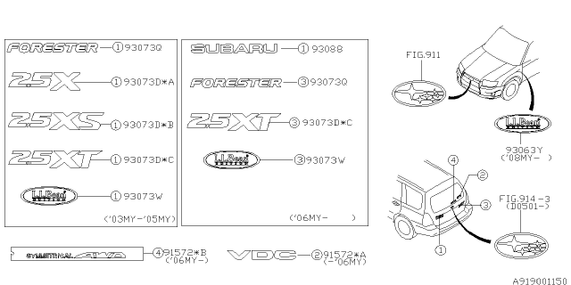 2008 Subaru Forester Letter Mark Diagram for 93074SA050