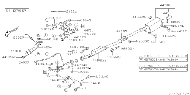 2005 Subaru Forester Center Exhaust Pipe Assembly Diagram for 44612AA190