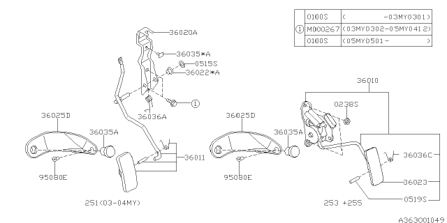 2004 Subaru Forester Bracket Complete Accelerator Pedal Diagram for 36020AE030