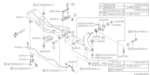 2004 Subaru Forester Bolt Complete Front Cross Member Diagram for 20510SA000