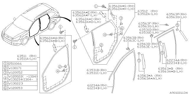 2013 Subaru Outback Clip WEATHERSTRIP Door Rear LWWLH Diagram for 63568AJ07A