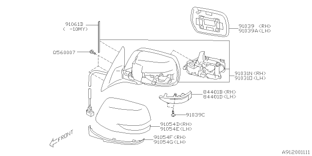 2010 Subaru Legacy Cover Cap Out Mirror RH Diagram for 91054AJ000V3