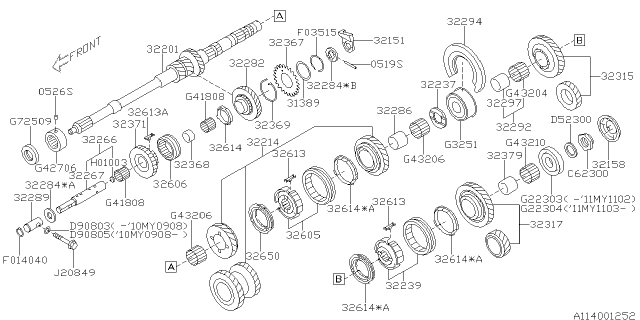 2012 Subaru Outback Shaft Complete Idle Gear Reverse Diagram for 32266AA000