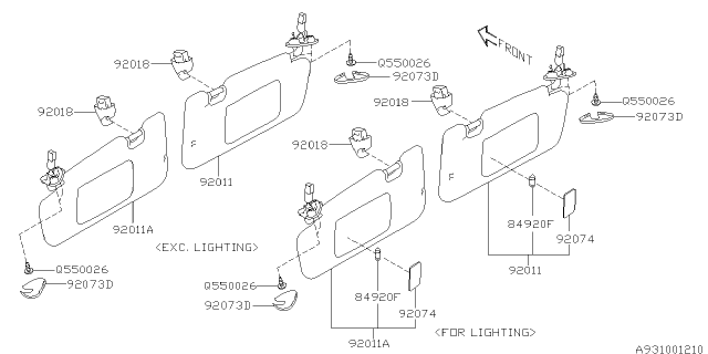 2020 Subaru Impreza Right Sun Visor Assembly Diagram for 92011FL040ME