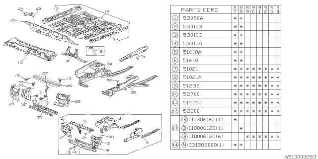 1989 Subaru Justy Toe Board Complete Diagram for 752210181