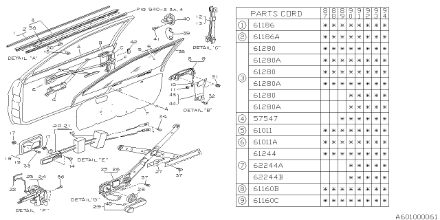 1991 Subaru Justy Front Door Parts - Glass & Regulator Diagram 1