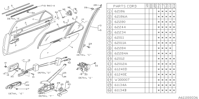 1990 Subaru Justy Rear Door Parts - Glass & Regulator Diagram 1