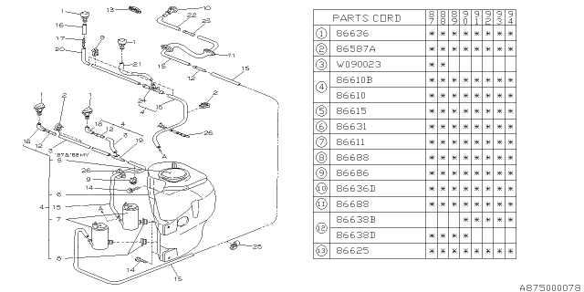 1989 Subaru Justy Front & Rear Washer Tank Assembly Diagram for 786610590