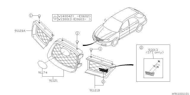 2007 Subaru Impreza STI Front Grille Assembly Left Diagram for 91121FE250DJ