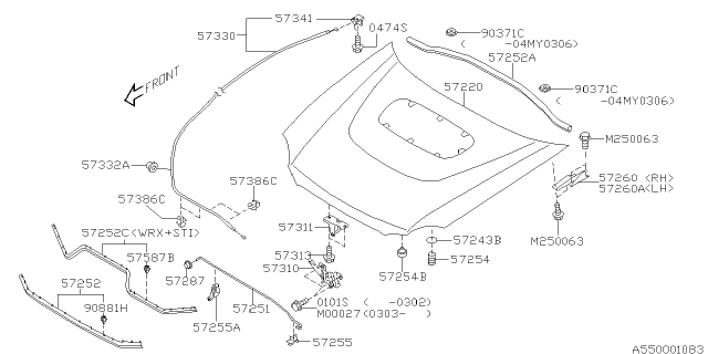 2004 Subaru Impreza WRX Front Hood & Front Hood Lock Diagram