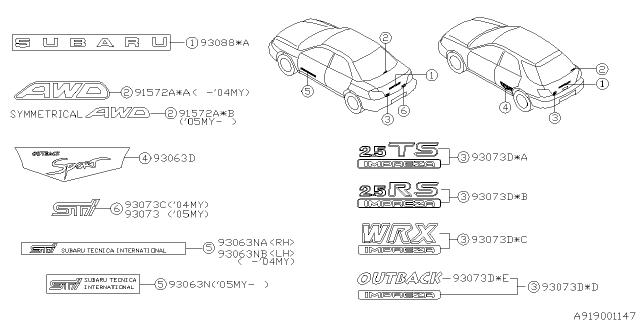 2005 Subaru Impreza WRX Letter Mark Rear Door RH Diagram for 93063FE080