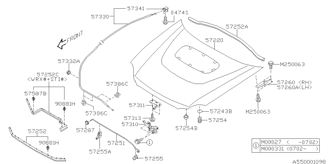 2007 Subaru Impreza STI Front Hood Support Stay Diagram for 57251FE030