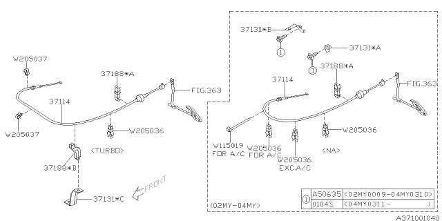 2004 Subaru Impreza Throttle Accelerator Cable Assembly Diagram for 37114FE080