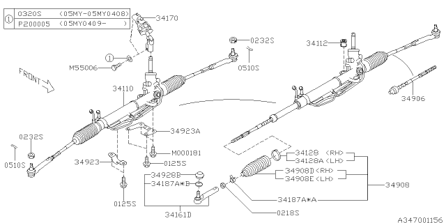 2005 Subaru Impreza WRX Power Steering Gear Box Assembly Diagram for 34110FE580