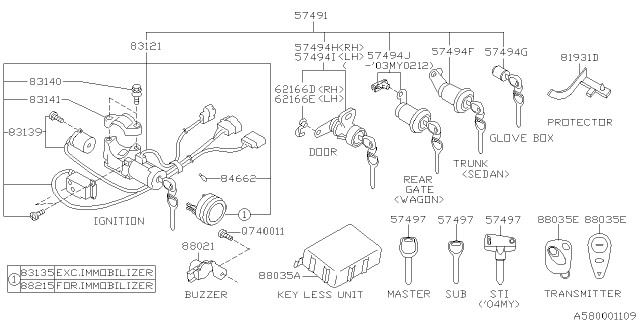 2007 Subaru Impreza WRX Key Kit & Key Lock Diagram 2